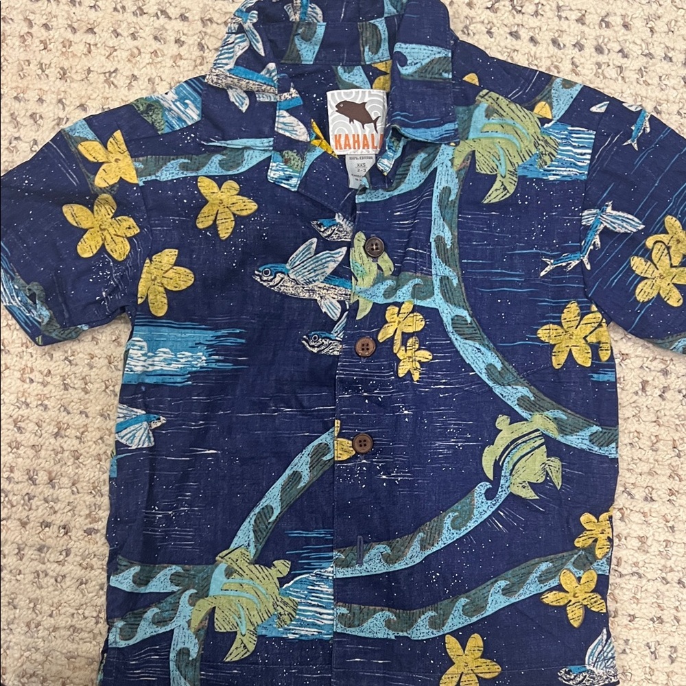 Kahala boys aloha shirt Navy Tropical Button Down Shirt size XXS 2-3
